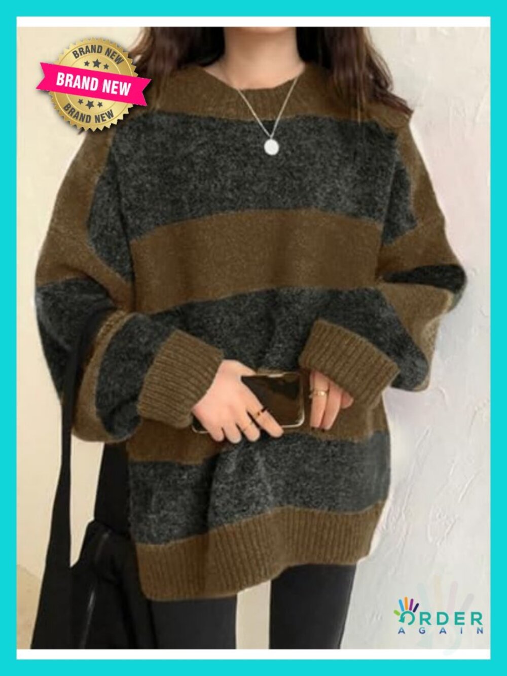 Oversized Striped Crewneck Knit Pullover Sweater Long Sleeve - Picture 3 of 6